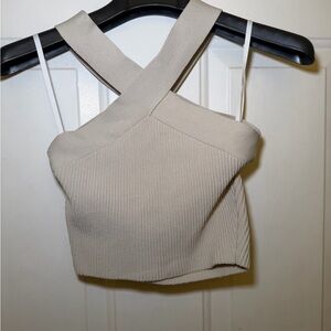 Babaton Beige Ribbed Cross Contour Crop Top